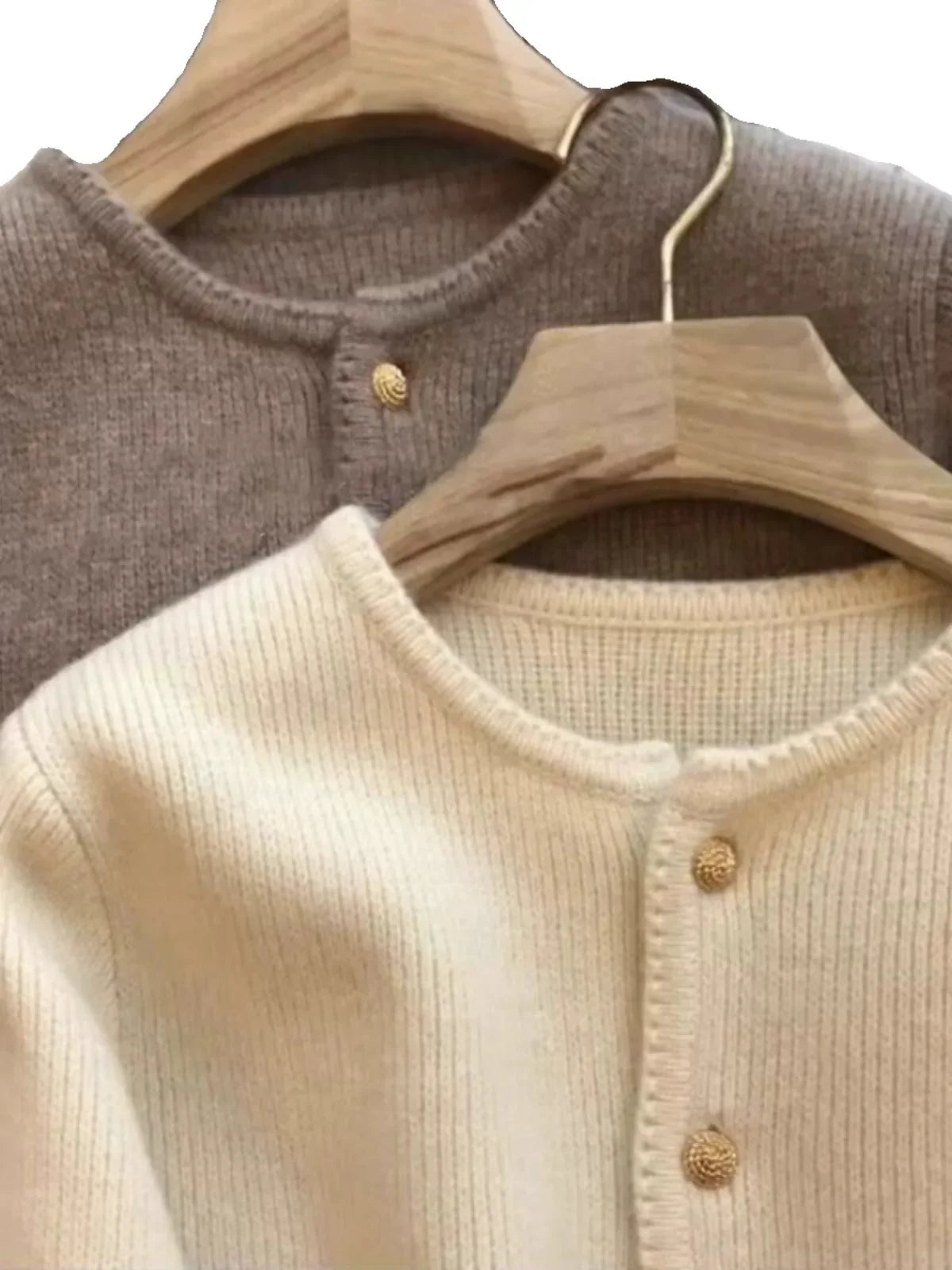 Damen Cardigan Rundhals Goldknöpfe Langarm Strickjacke