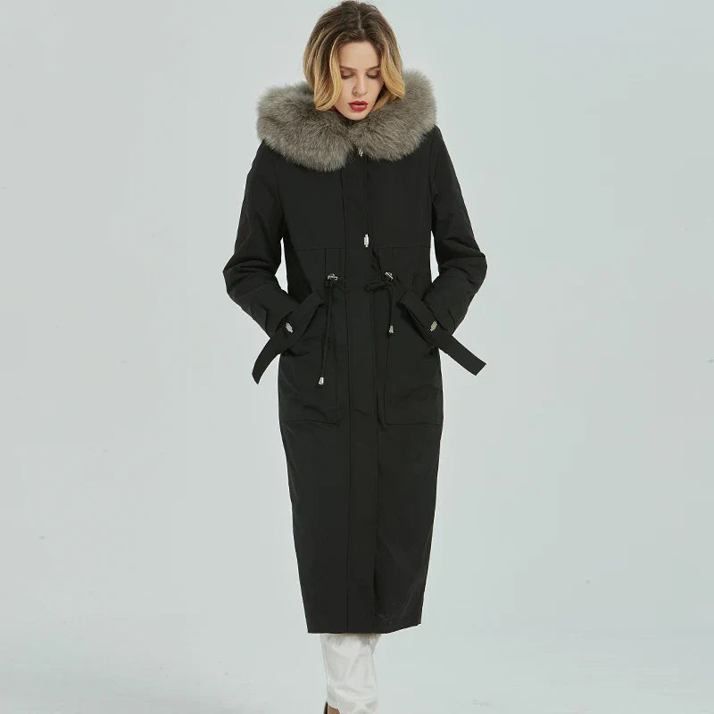 Damen Winterparka lang Schwarz mit Kapuze und Kunstfellbesatz