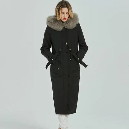 Damen Winterparka lang Schwarz mit Kapuze und Kunstfellbesatz