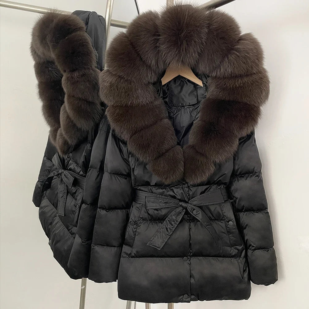 Damen Winter Steppjacke mit Kunstpelzkragen und Gürtel