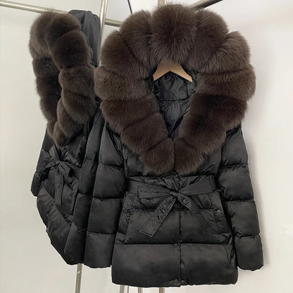 Damen Winter Steppjacke mit Kunstpelzkragen und Gürtel