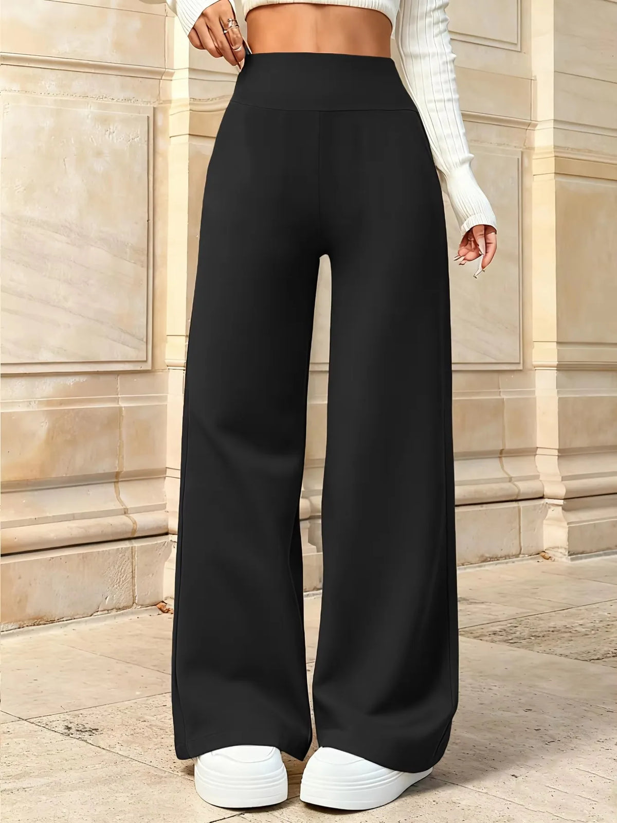 Schwarze Damen Hose, weites Bein, hohe Taille
