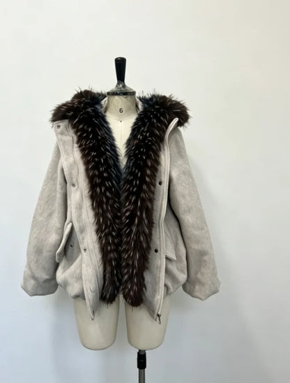 Damen Kurzjacke mit großem Fellkragen Reißverschluss Winter