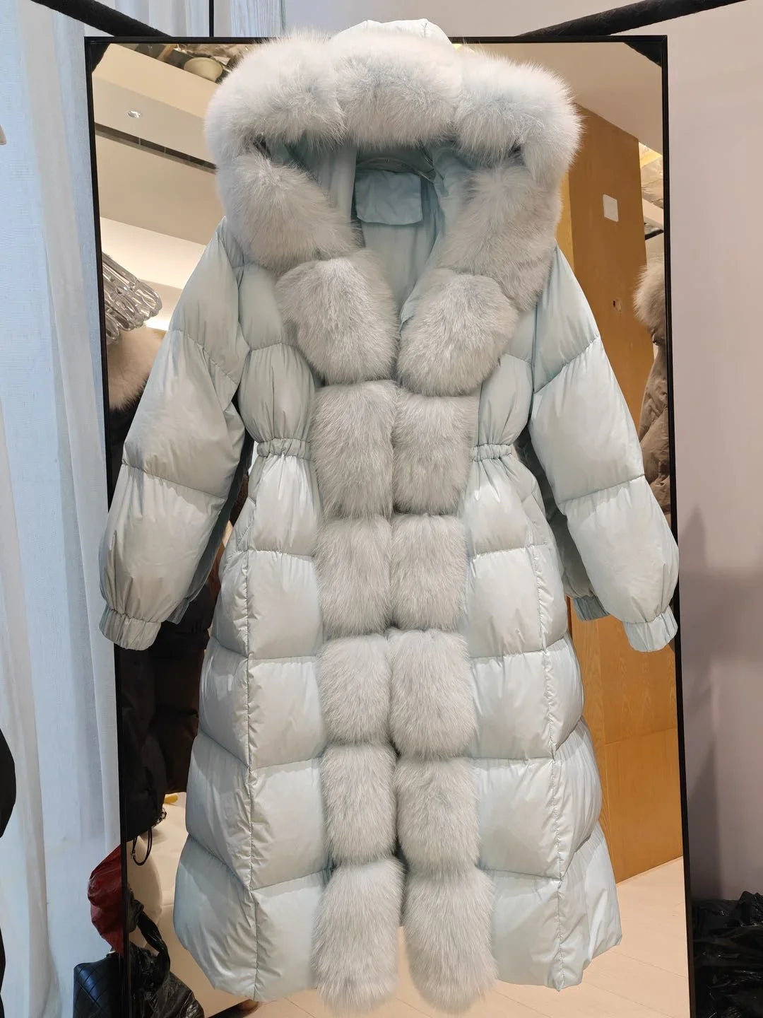 Damen Winter Steppmantel Lang mit Kapuze und Pelzbesatz Schwarz