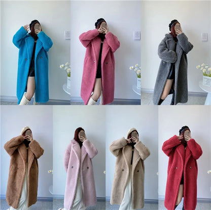 Damen Teddy-Mantel mit Reverskragen Lang Warmer Plüschmantel