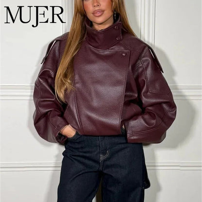 Damen Bikerjacke im Oversize-Stil mit Stehkragen und asymmetrischem Reißverschluss