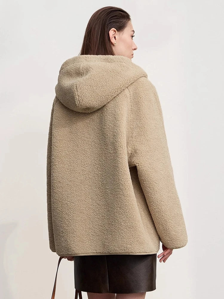 Damen Kapuzenjacke Kurz mit Reißverschluss Teddyfleece Futter