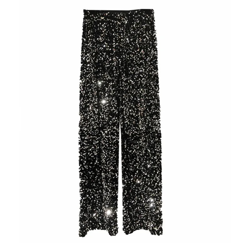Damen Pailletten Hose Weites Bein – Glitzernde Freizeithose mit Elastischem Bund