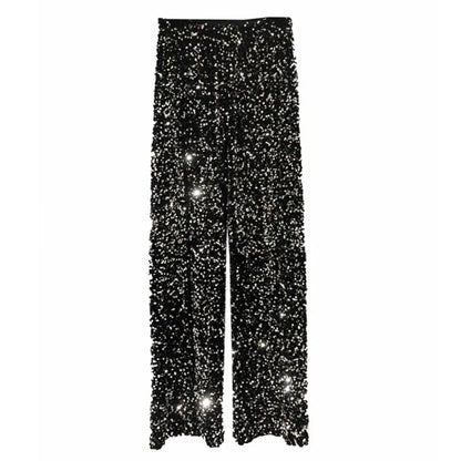 Damen Pailletten Hose Weites Bein – Glitzernde Freizeithose mit Elastischem Bund