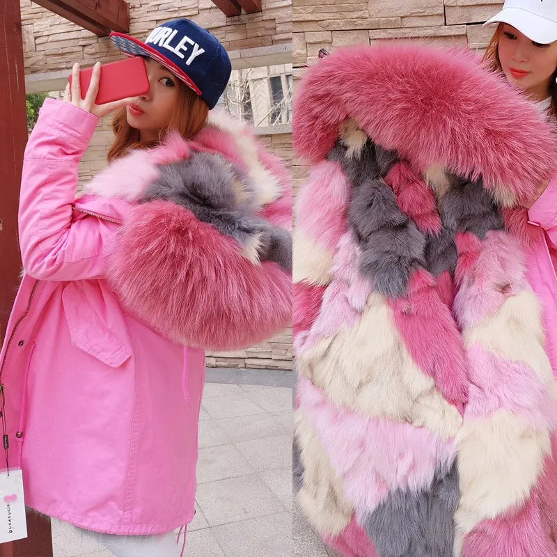 Damen Winterparka mit Kapuze & Pelzimitat-Futter in Rosa