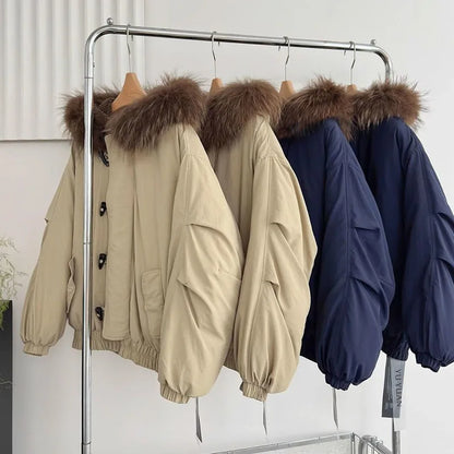 Damen Winterjacke mit Kapuze und Fellkragen Beige