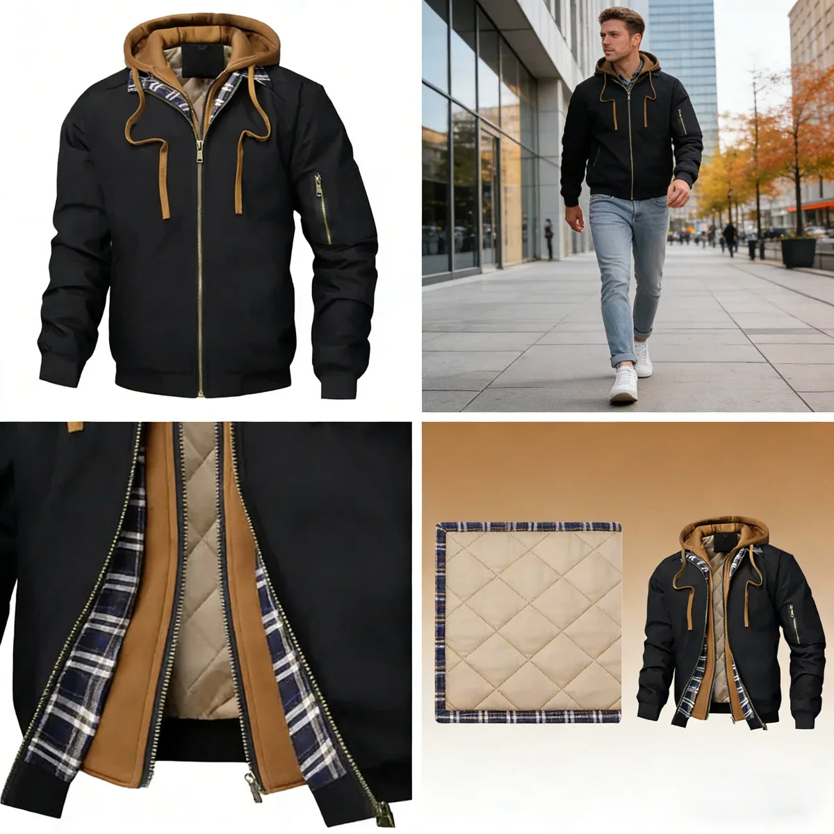 Herren Bomberjacke mit Kapuze und Karofutter Schwarz