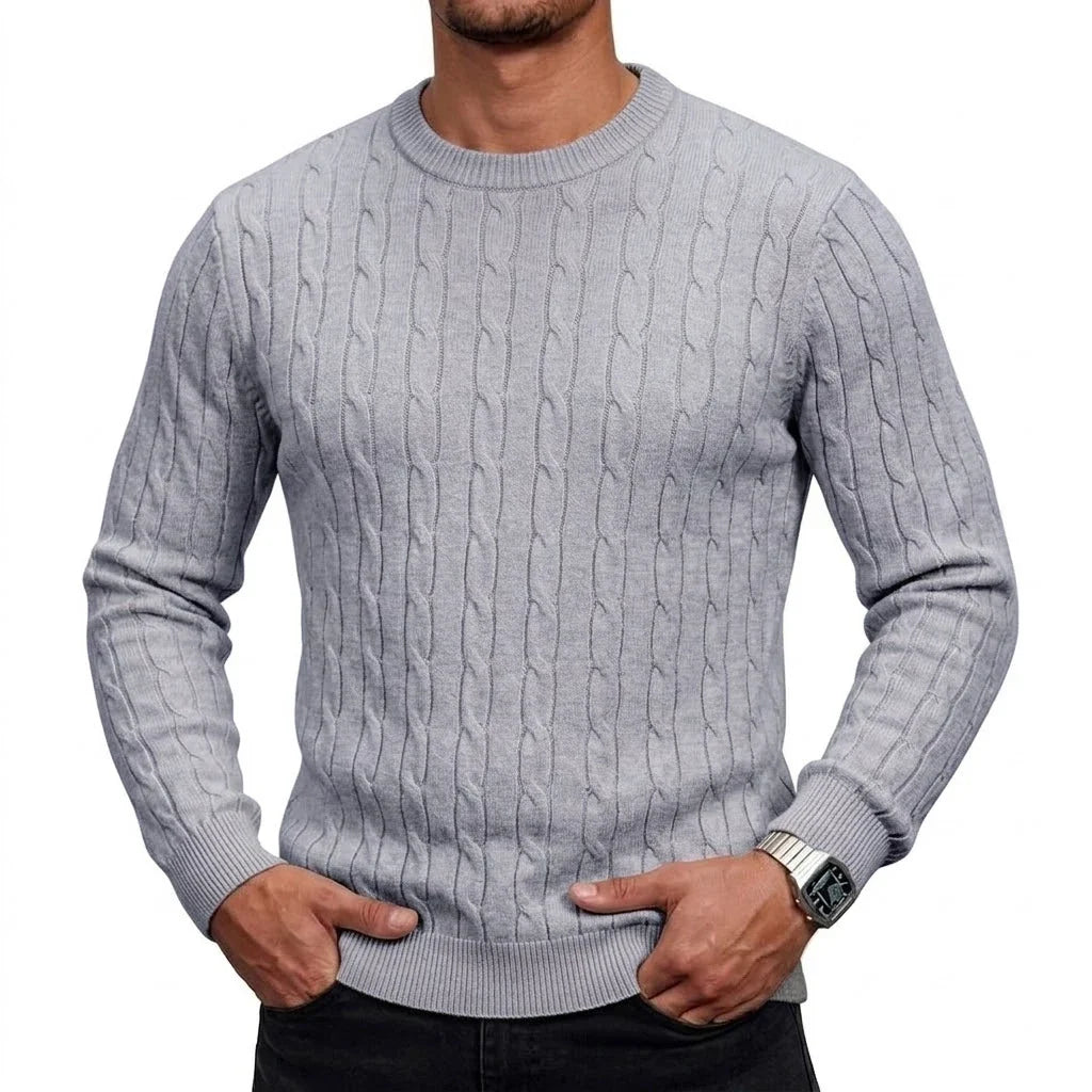 Herren Zopfmuster Pullover Rundhals Langarm Strickpullover Rippbündchen Slim Fit
