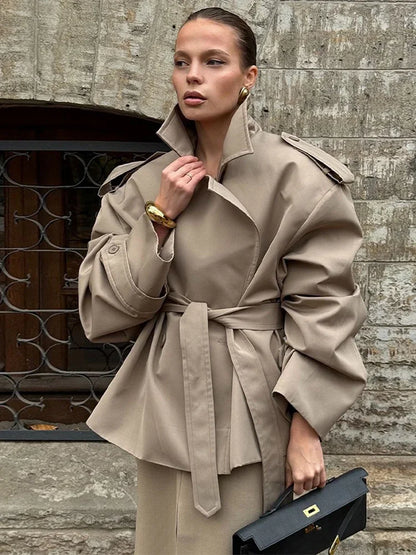 Damen Trenchcoat Lang Übergangsjacke Mantel mit Gürtel