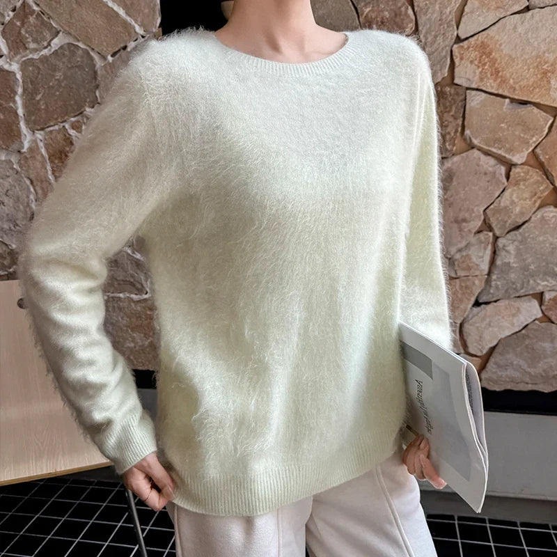 Damen Pullover flauschig weich Rundhalsausschnitt Langarm Strickpullover