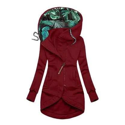 Damen Hoodie Jacke Lang Asymmetrischer Reißverschluss Kapuze mit Blattmuster