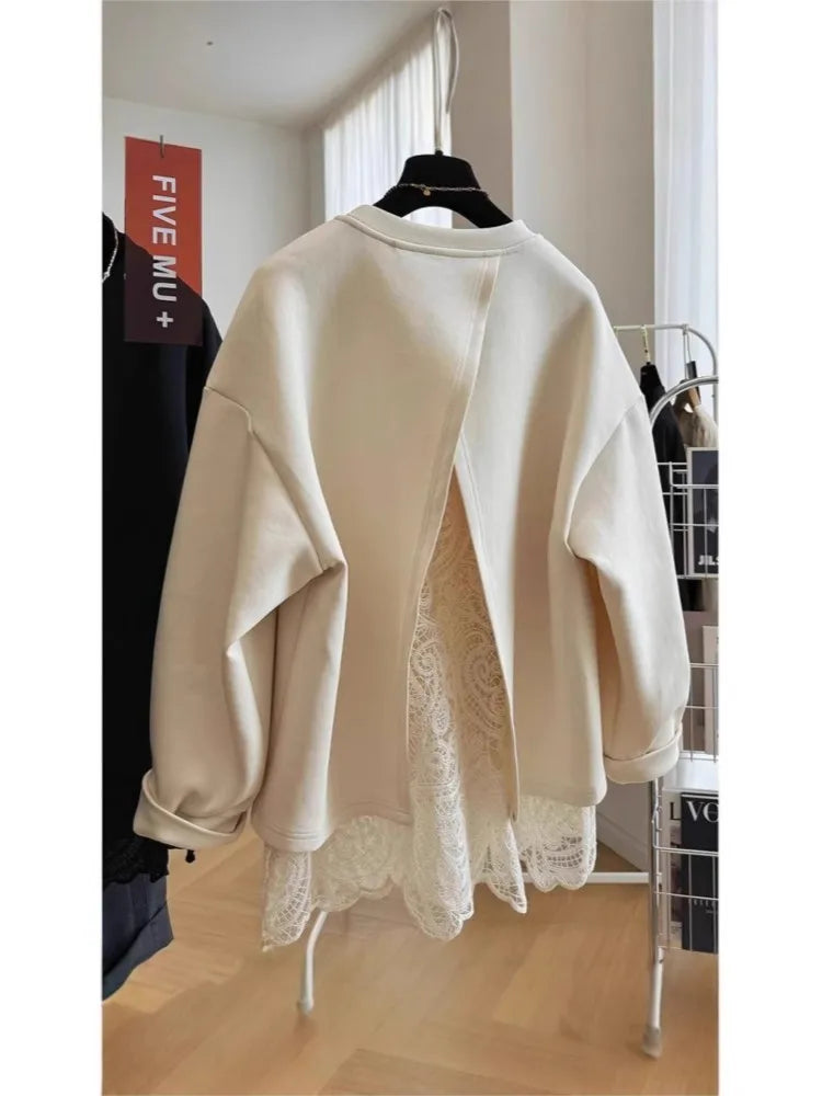 Damen Sweatshirt mit Spitze am Rücken Offen Langer Arm Creme