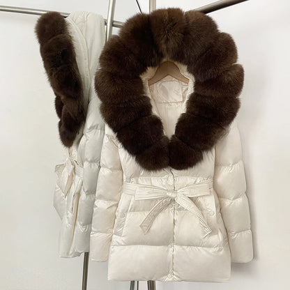 Damen Winter Steppjacke mit Kunstpelzkragen und Gürtel
