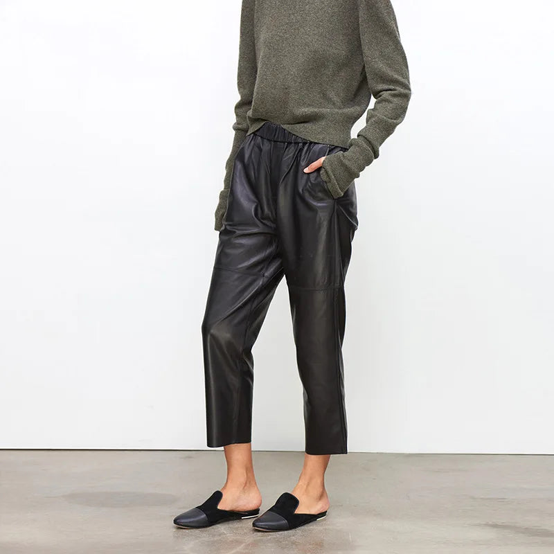 Damen Hose elastischer Bund Knöchellang Schwarz