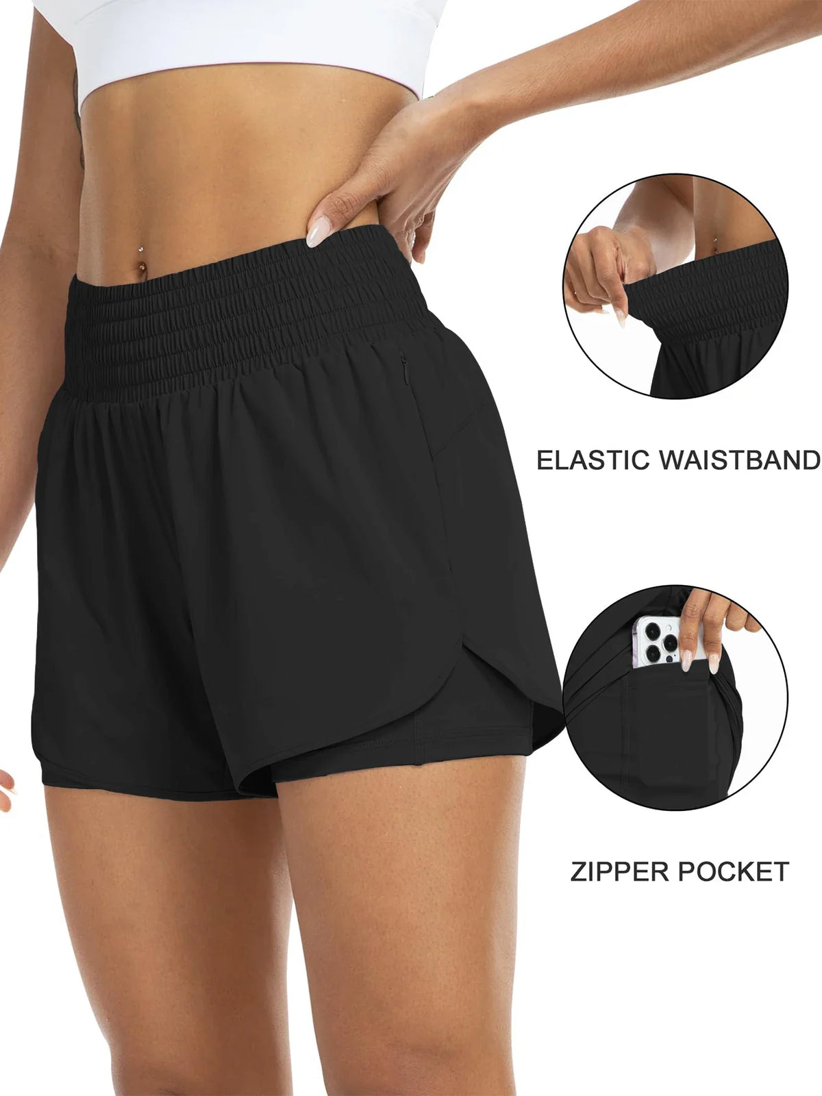 Damen Sportshorts mit hohem Bund und Tasche, 2-in-1-Design