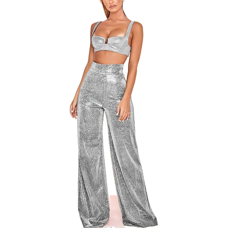 Damen Glitzer Zweiteiler Crop Top und Weite Hose Set Hochglanz Party Outfit