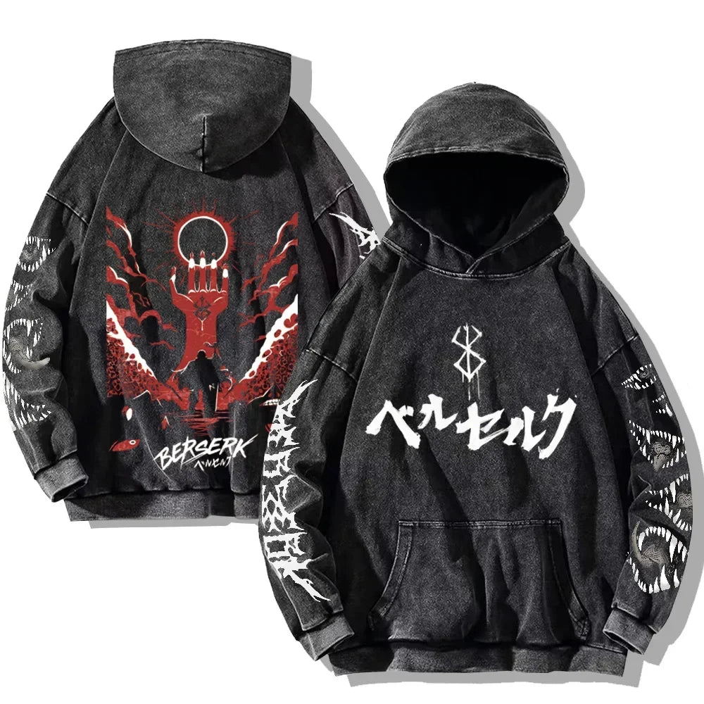 Oversized Kapuzenpullover Dunkelgrau mit Front- und Rückenprint und Ärmelprints