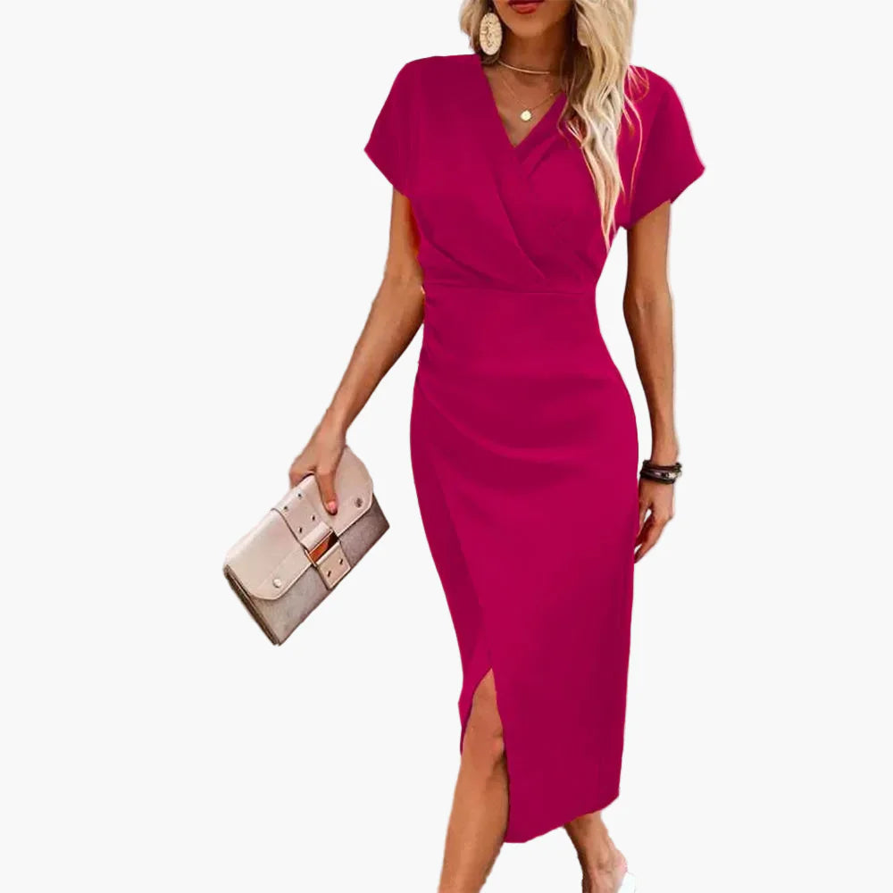 Damen Midikleid Elegant Wickeloptik V-Ausschnitt Business & Freizeit