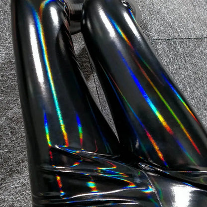 Holographische Leggings für Damen Schwarz Glänzend Bunt Reflektierend