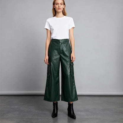 Damen Weite Hose in Lederoptik mit Cargotaschen Grün