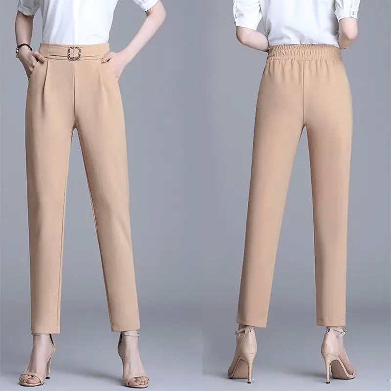 Damen Stoffhose Weiß mit Zierschnalle Hochwasser Slim Fit