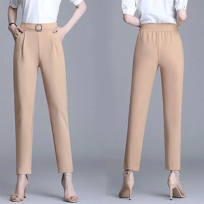 Damen Stoffhose Weiß mit Zierschnalle Hochwasser Slim Fit