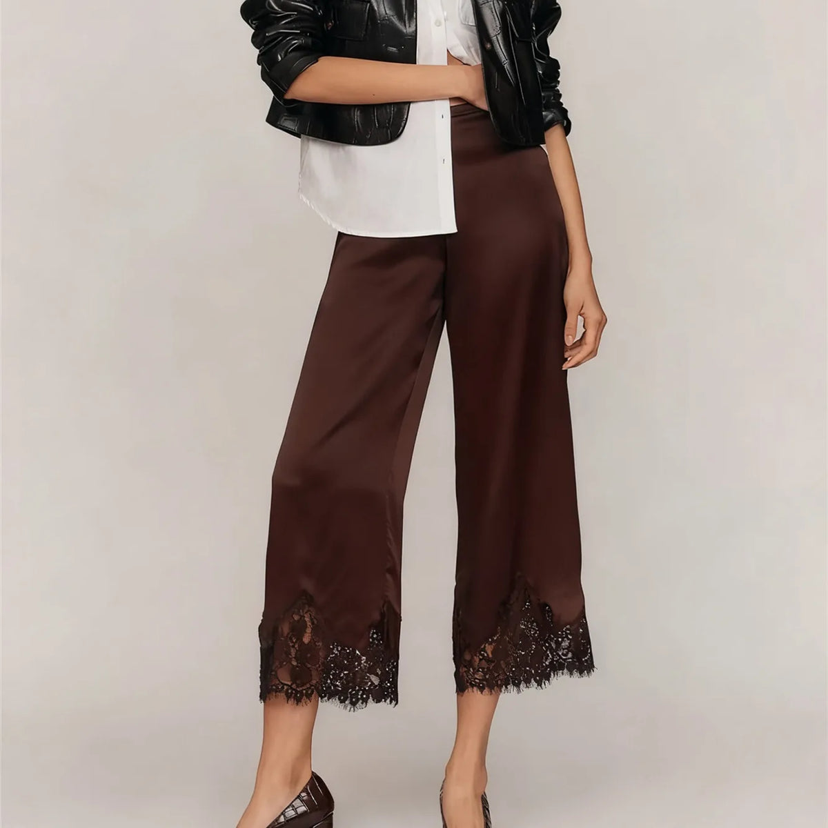 Damen Culotte Hose mit Spitze – Weites Bein, Halbhoch