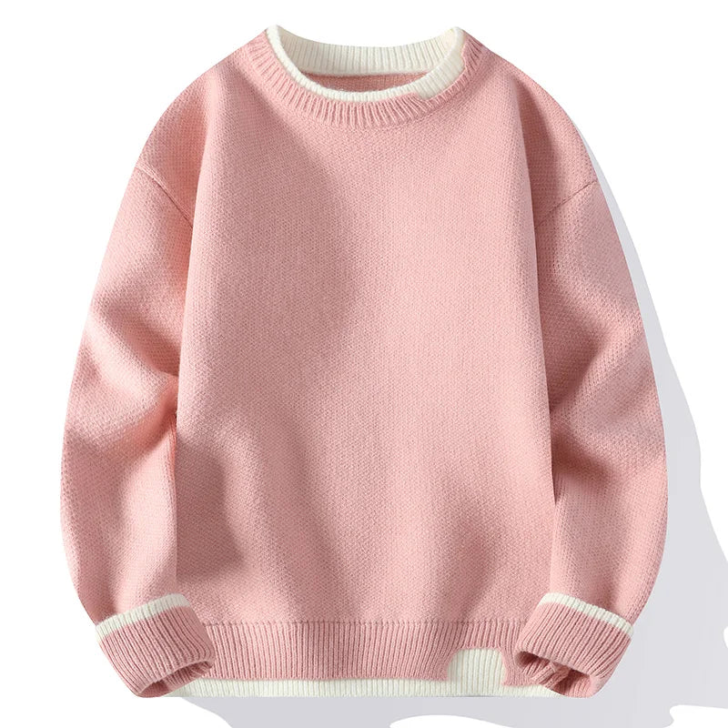 Unisex Strickpullover Rundhals mit zweifarbigen Rippbündchen Rosa