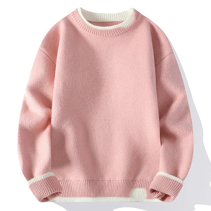 Unisex Strickpullover Rundhals mit zweifarbigen Rippbündchen Rosa
