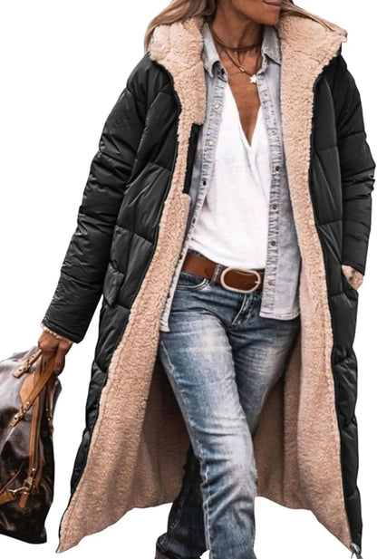 Damen Steppmantel Lang Winter Daunen-Optik mit Teddyfutter Kapuze