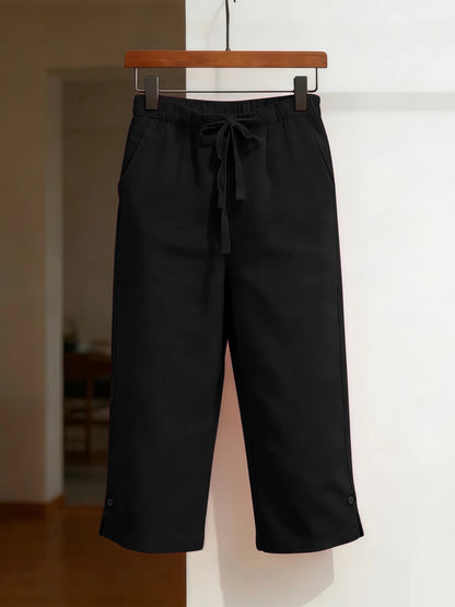 Damen Capri Hose mit Kordelzug und Seitenknöpfen, Weitem Bein