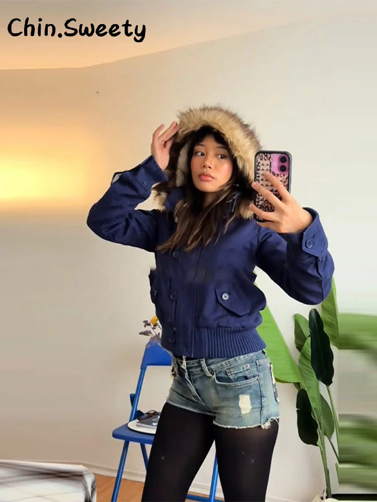 Damen Bomberjacke mit Kapuze und Fellimitatbesatz Kurz