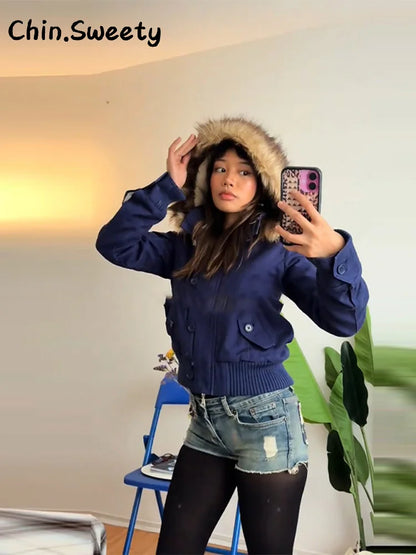 Damen Bomberjacke mit Kapuze und Fellimitatbesatz Kurz