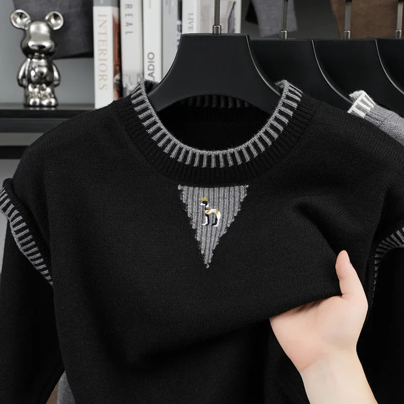 Herren Pullover Strick Rundhals Stickerei Grau Weiß Muster