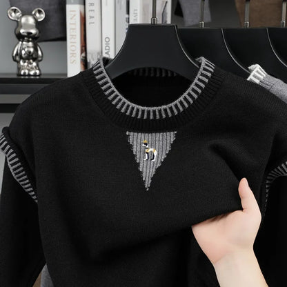 Herren Pullover Strick Rundhals Stickerei Grau Weiß Muster