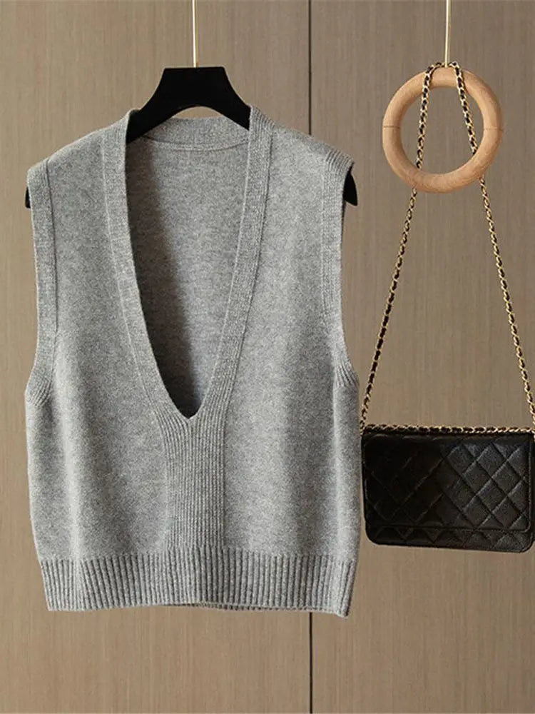 Damen Strickweste Pullover Weste V-Ausschnitt Ärmellos Kurzer Schnitt