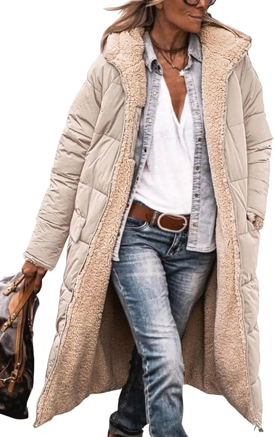 Damen Steppmantel Lang Winter Daunen-Optik mit Teddyfutter Kapuze