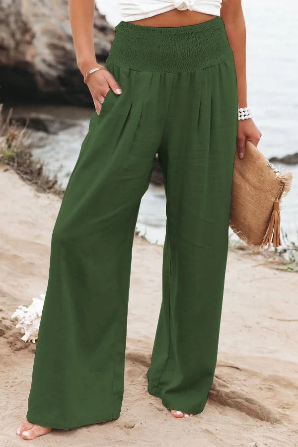 Damen Leinenhose mit weitem Bein und gerafftem Bund, lockere Freizeithose