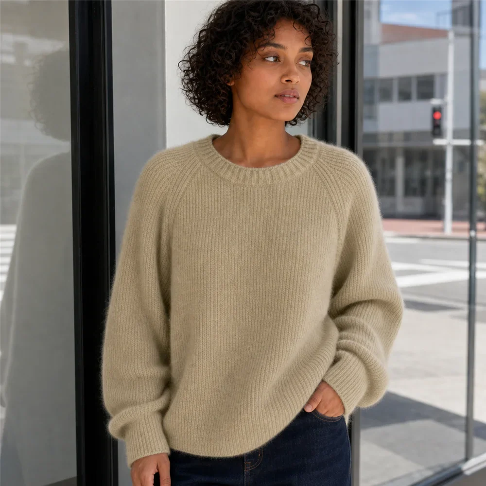 Damen Oversize Rippstrick Pullover Rundhals