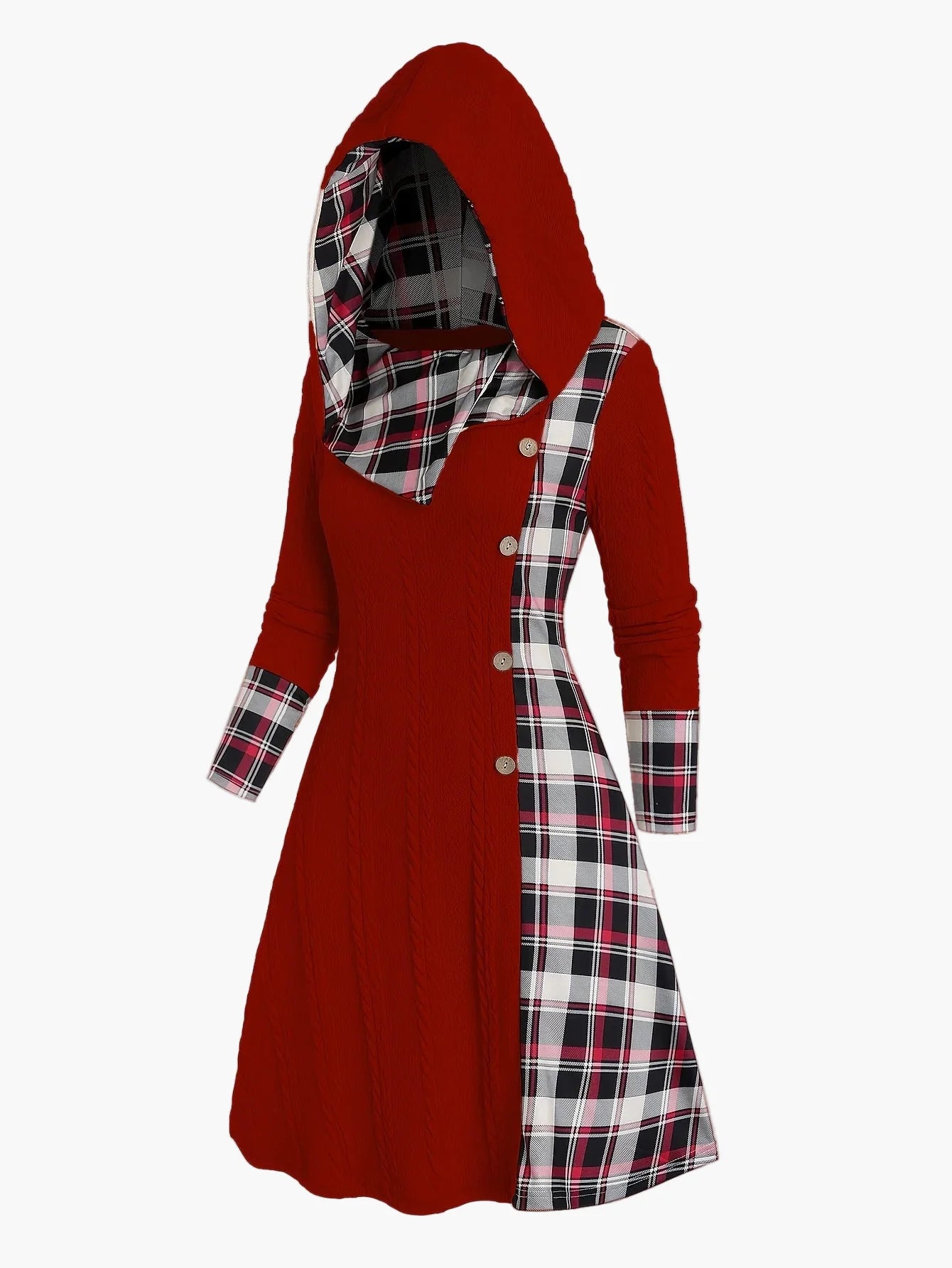Damen Kapuzenkleid im Strick-Look mit Karomuster – Elegantes Freizeitkleid mit Knopfleiste