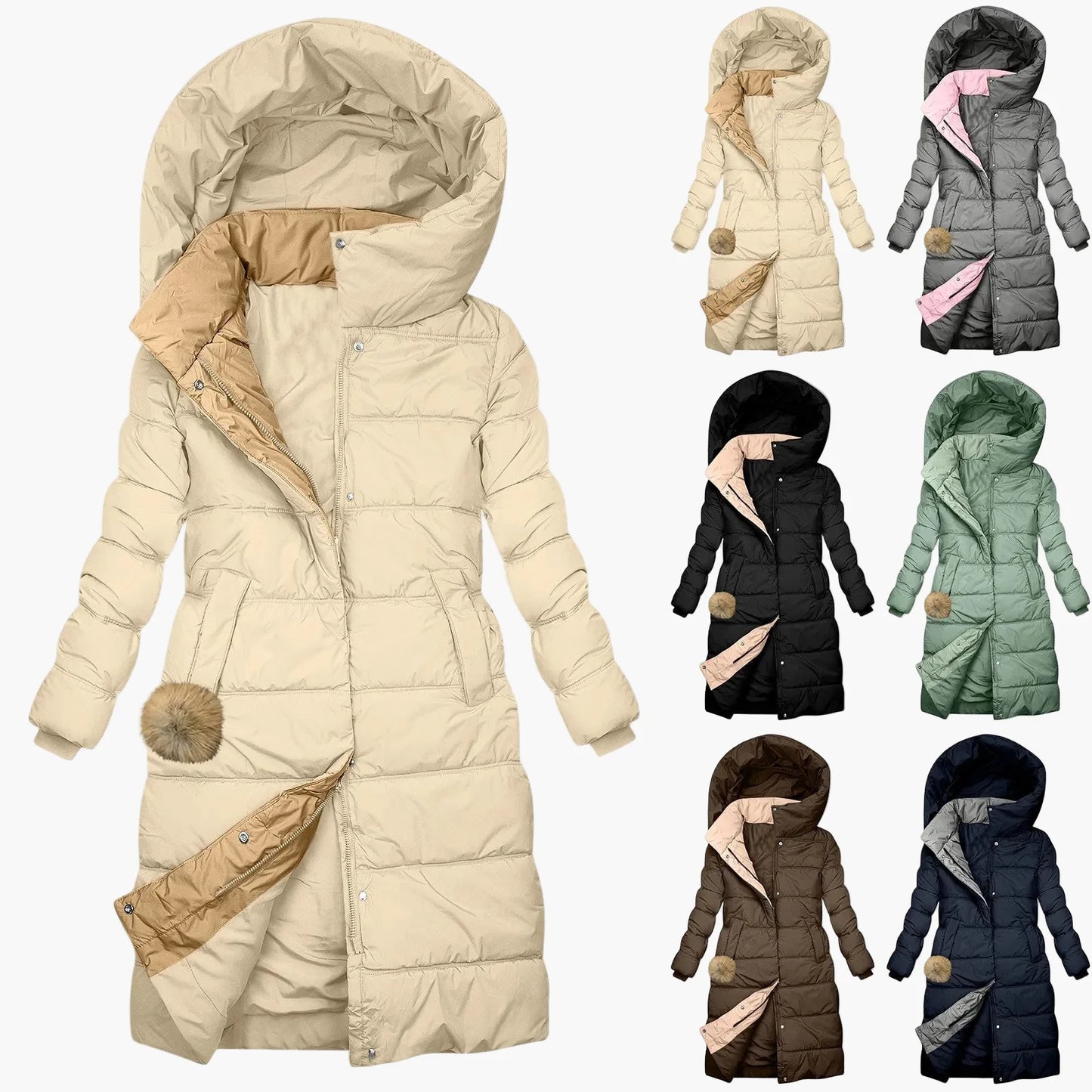 Damen Langer Winter Steppmantel mit Kapuze – Eleganter Kuschel-Parka für Alltag & Freizeit