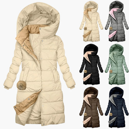 Damen Langer Winter Steppmantel mit Kapuze – Eleganter Kuschel-Parka für Alltag & Freizeit