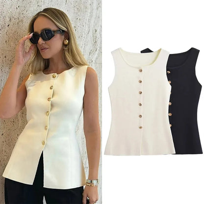 Ärmelloses Damen Top mit Knöpfen - Schwarz oder Weiß