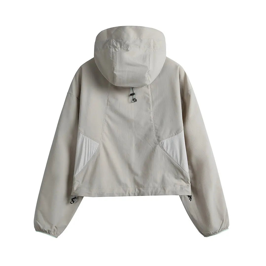 Damen Kurze Kapuzenjacke Windbreaker Leicht Reißverschluss