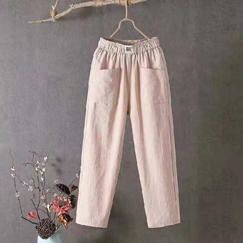 Damen Leinenhose Weites Bein Elastischer Bund Hoher Taille Mehrfarbig